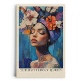 Paul Sinus Leinwandbild 80x120cm Die Schmetterlingskönigin – Ausdrucksstarkes Porträt mit Blumen, Schmetterlingen und leuchtenden Farben