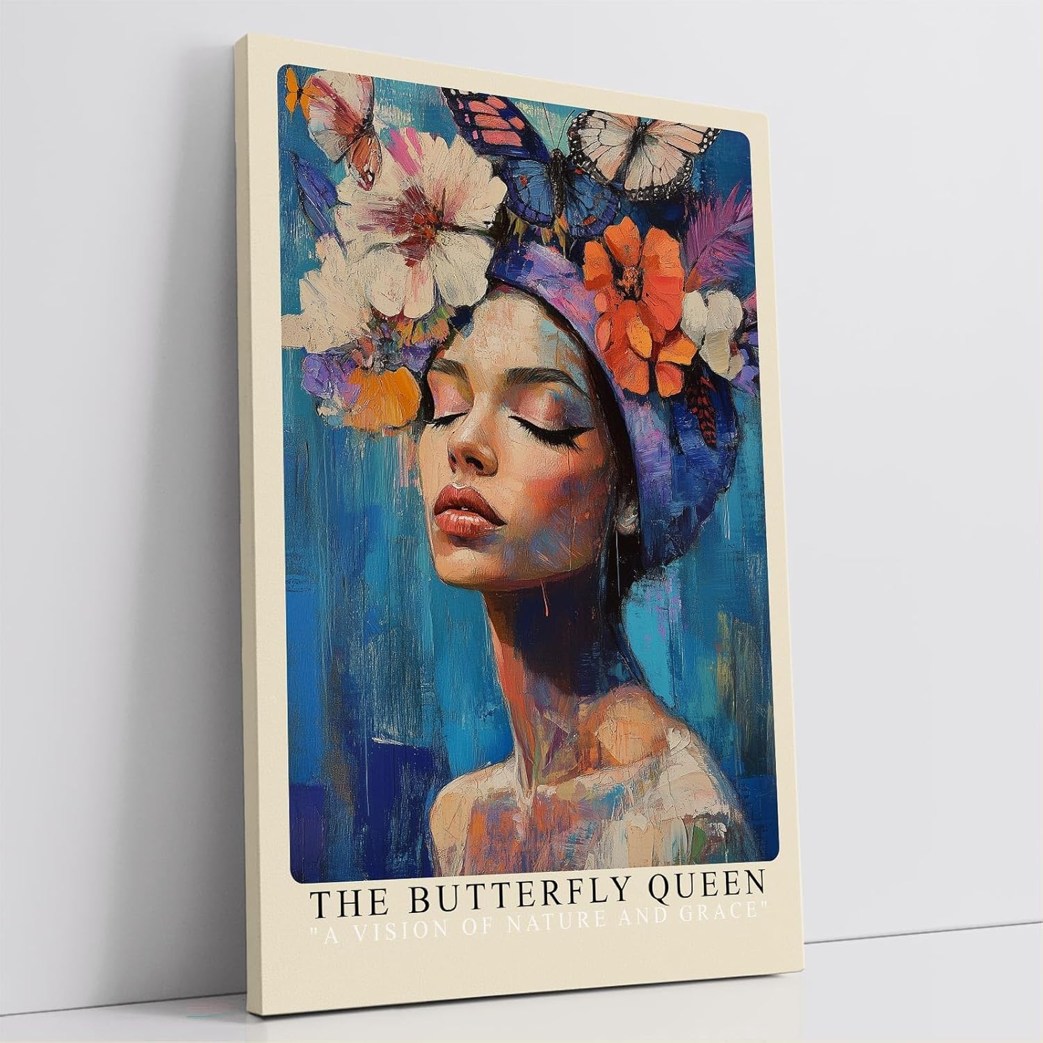 Paul Sinus Leinwandbild 80x120cm Die Schmetterlingskönigin – Ausdrucksstarkes Porträt mit Blumen, Schmetterlingen und leuchtenden Farben