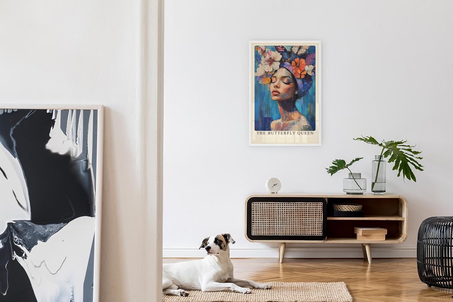 Paul Sinus Leinwandbild 80x120cm Die Schmetterlingskönigin – Ausdrucksstarkes Porträt mit Blumen, Schmetterlingen und leuchtenden Farben