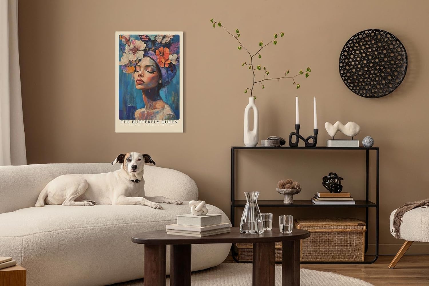 Paul Sinus Leinwandbild 80x120cm Die Schmetterlingskönigin – Ausdrucksstarkes Porträt mit Blumen, Schmetterlingen und leuchtenden Farben