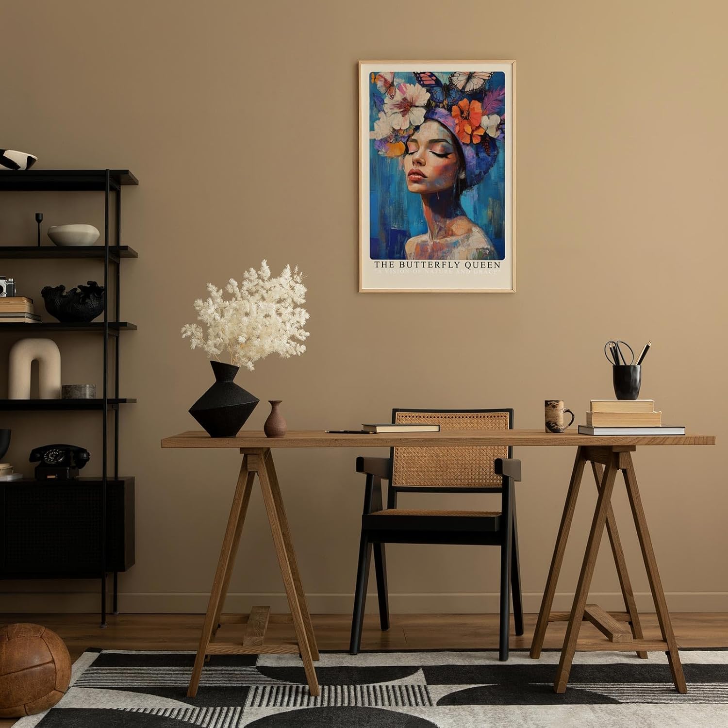 Paul Sinus Leinwandbild 80x120cm Die Schmetterlingskönigin – Ausdrucksstarkes Porträt mit Blumen, Schmetterlingen und leuchtenden Farben