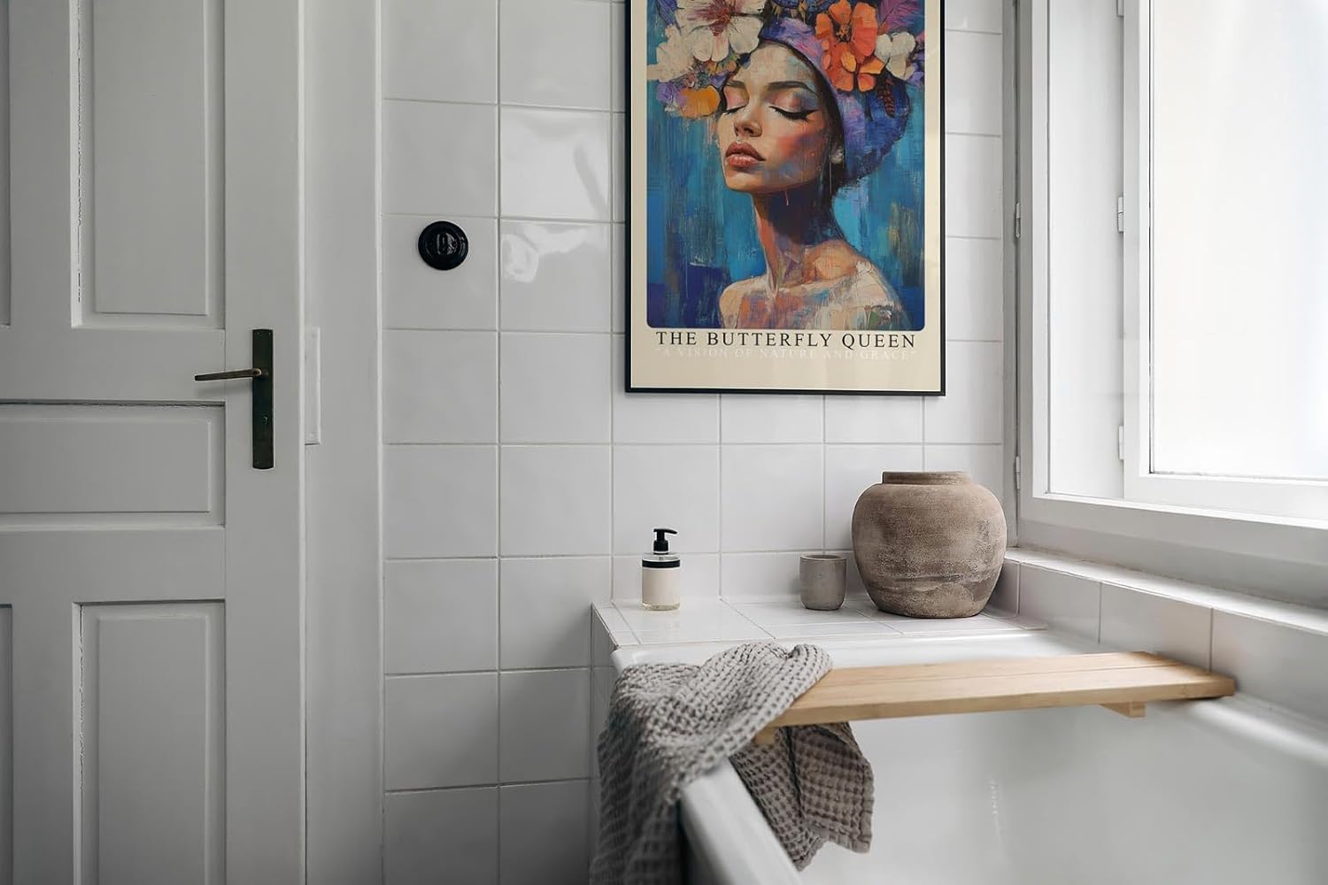 Paul Sinus Leinwandbild 80x120cm Die Schmetterlingskönigin – Ausdrucksstarkes Porträt mit Blumen, Schmetterlingen und leuchtenden Farben