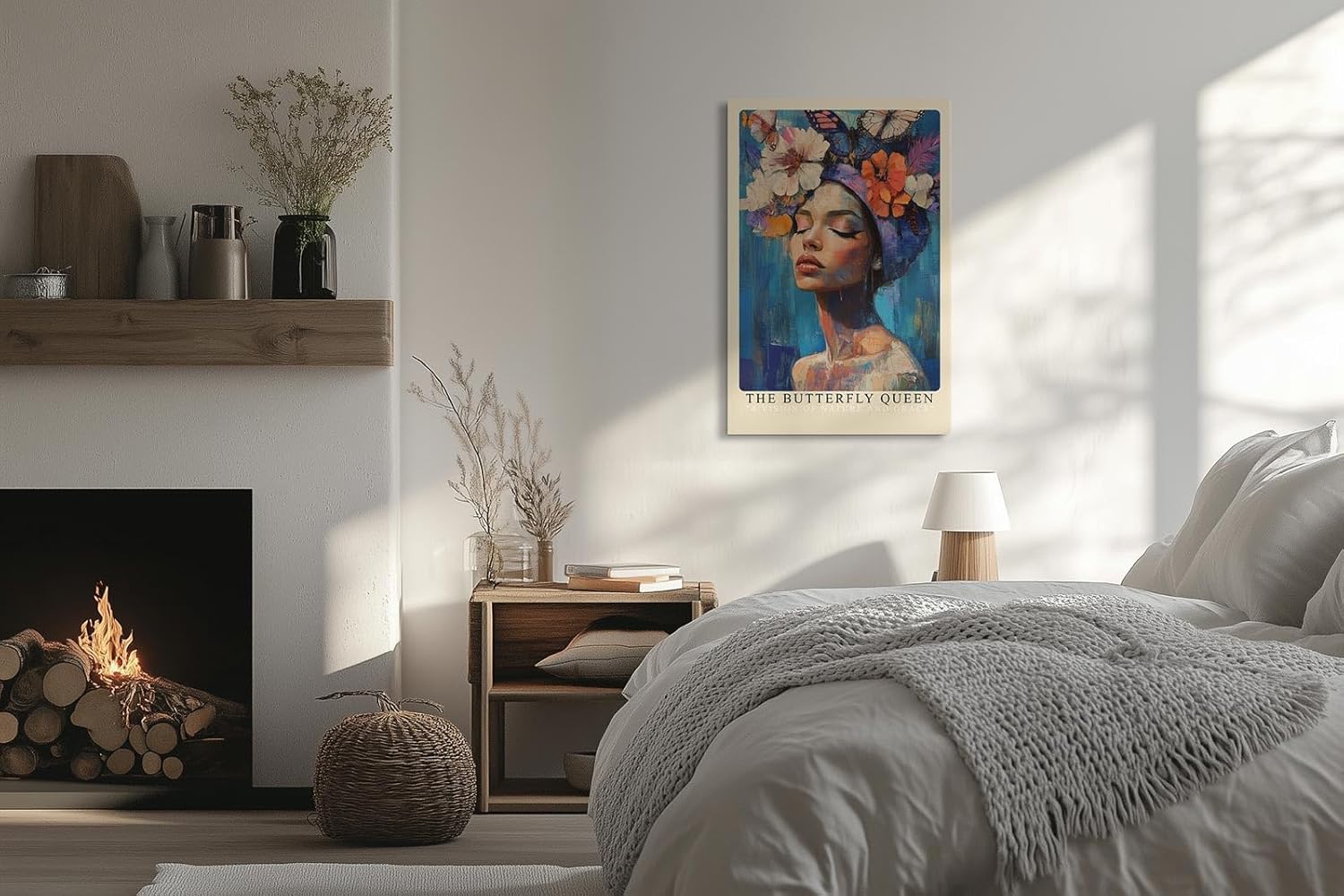 Paul Sinus Leinwandbild 80x120cm Die Schmetterlingskönigin – Ausdrucksstarkes Porträt mit Blumen, Schmetterlingen und leuchtenden Farben