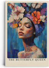 Paul Sinus Leinwandbild 80x120cm Die Schmetterlingskönigin – Ausdrucksstarkes Porträt mit Blumen, Schmetterlingen und leuchtenden Farben