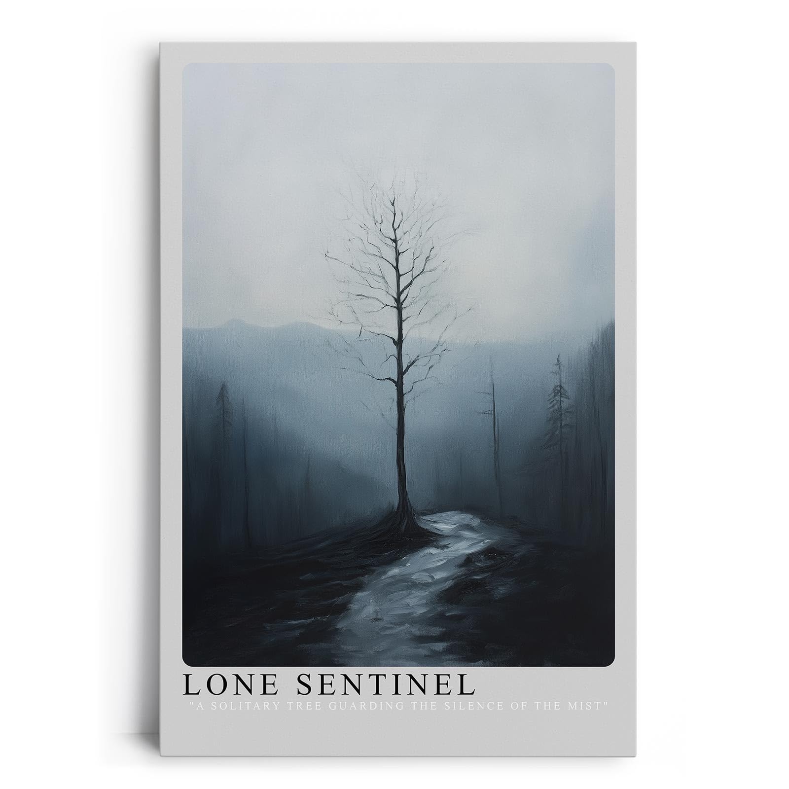 Paul Sinus Leinwandbild 60x90cm Einsamer Wächter – Mystische Landschaft mit kargem Baum, nebliger Atmosphäre und melancholischer Tiefe