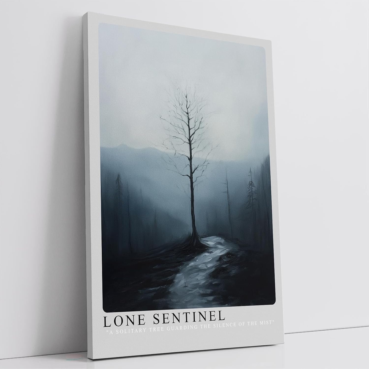 Paul Sinus Leinwandbild 60x90cm Einsamer Wächter – Mystische Landschaft mit kargem Baum, nebliger Atmosphäre und melancholischer Tiefe