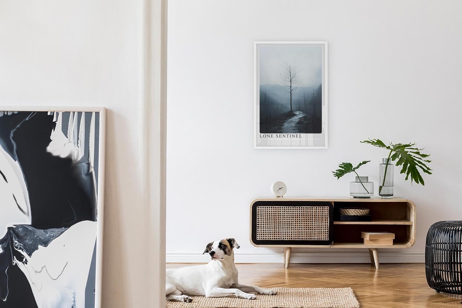 Paul Sinus Leinwandbild 60x90cm Einsamer Wächter – Mystische Landschaft mit kargem Baum, nebliger Atmosphäre und melancholischer Tiefe