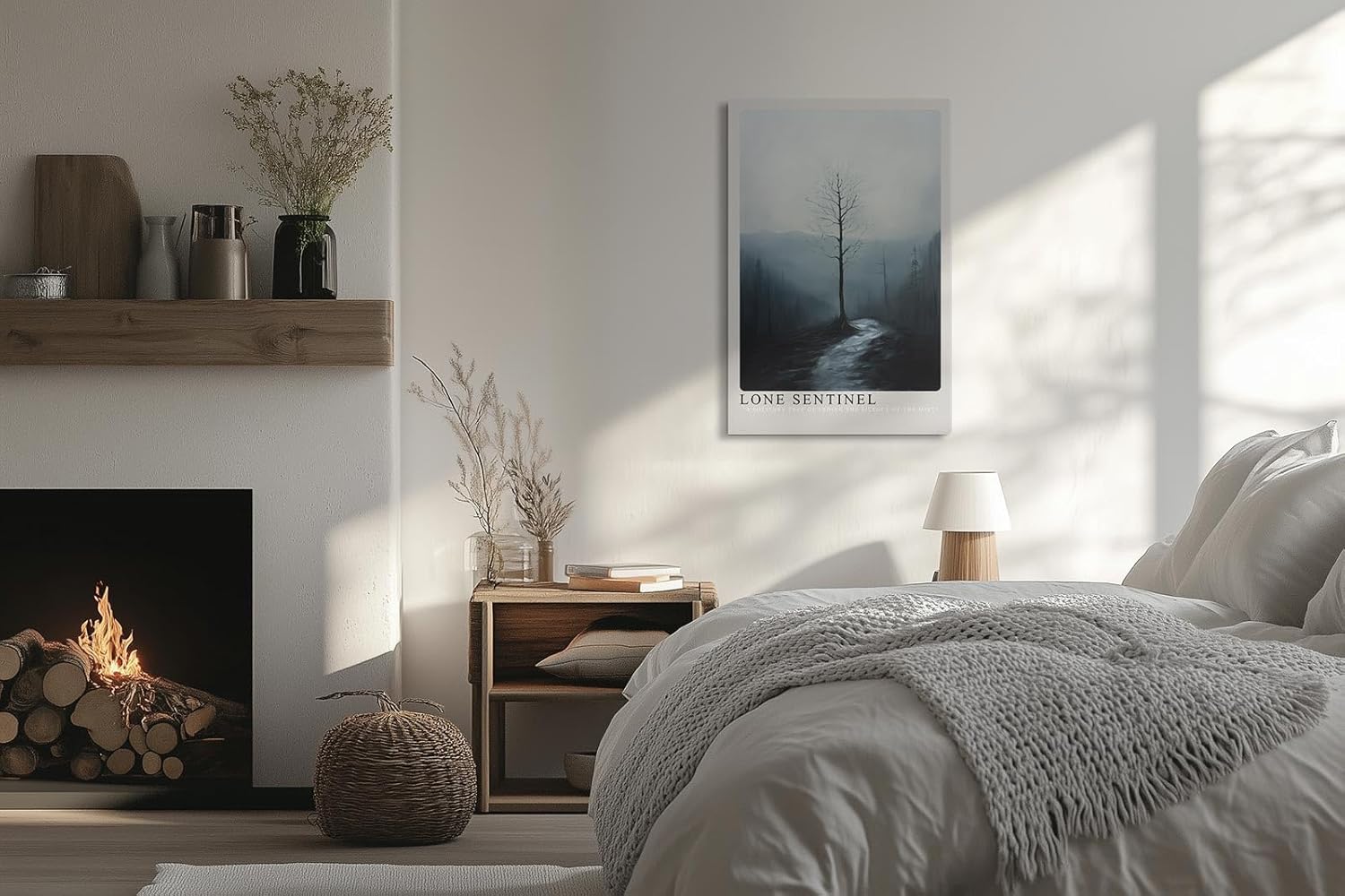 Paul Sinus Leinwandbild 60x90cm Einsamer Wächter – Mystische Landschaft mit kargem Baum, nebliger Atmosphäre und melancholischer Tiefe