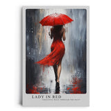 Paul Sinus Leinwandbild 60x90cm elegante Frau in Rot mit Schirm im Regen – kunstvolles Leinwandbild mit dynamischer Bewegung und intensiven Farben