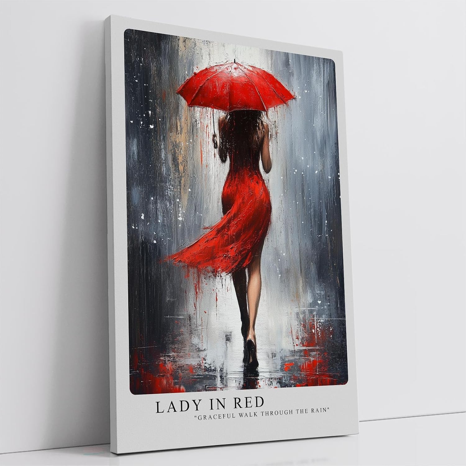 Paul Sinus Leinwandbild 60x90cm elegante Frau in Rot mit Schirm im Regen – kunstvolles Leinwandbild mit dynamischer Bewegung und intensiven Farben