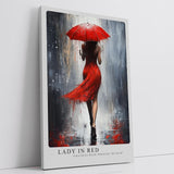 Paul Sinus Leinwandbild 60x90cm elegante Frau in Rot mit Schirm im Regen – kunstvolles Leinwandbild mit dynamischer Bewegung und intensiven Farben