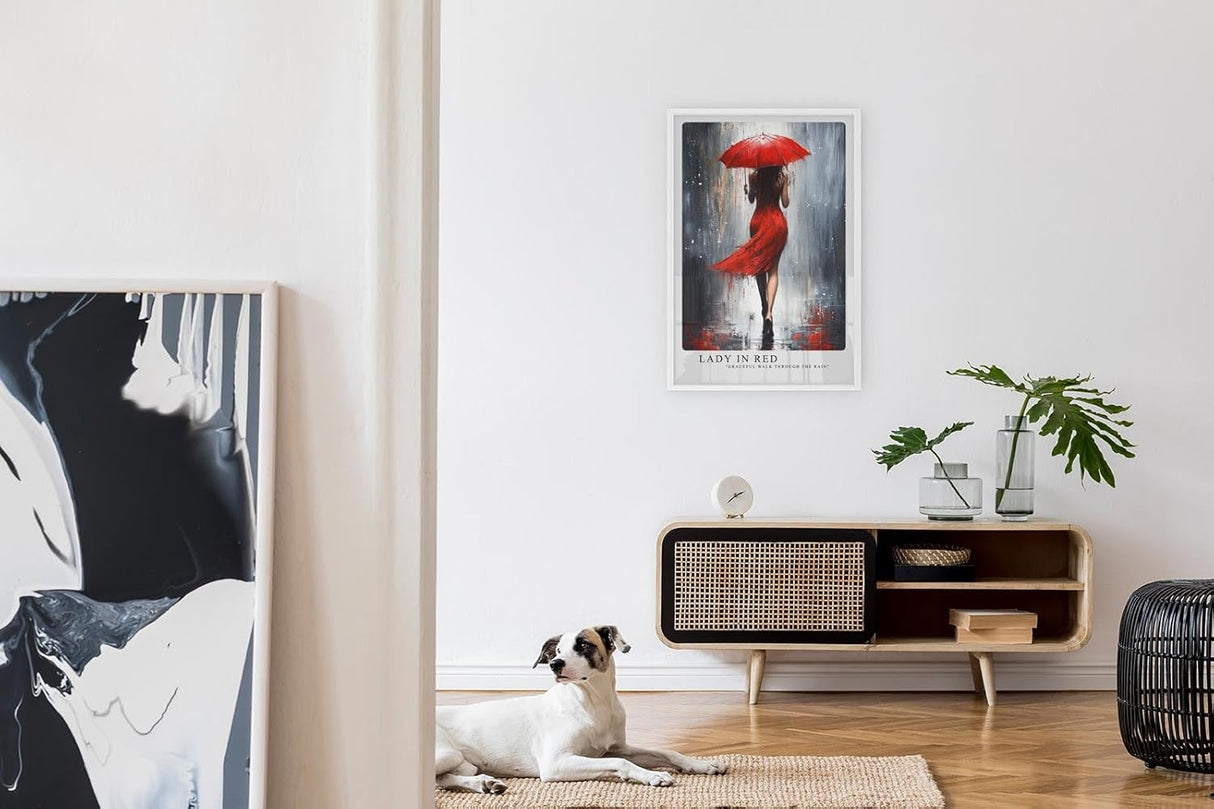 Paul Sinus Leinwandbild 60x90cm elegante Frau in Rot mit Schirm im Regen – kunstvolles Leinwandbild mit dynamischer Bewegung und intensiven Farben