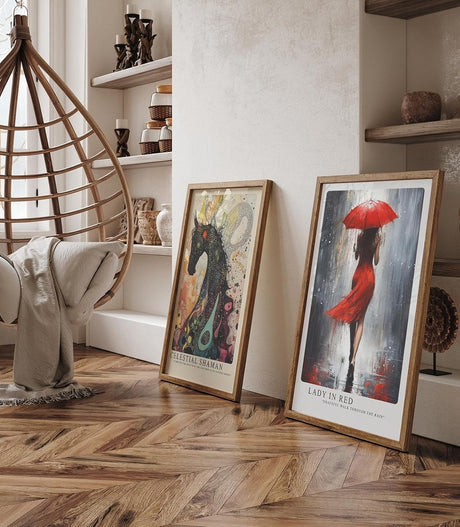 Paul Sinus Leinwandbild 60x90cm elegante Frau in Rot mit Schirm im Regen – kunstvolles Leinwandbild mit dynamischer Bewegung und intensiven Farben