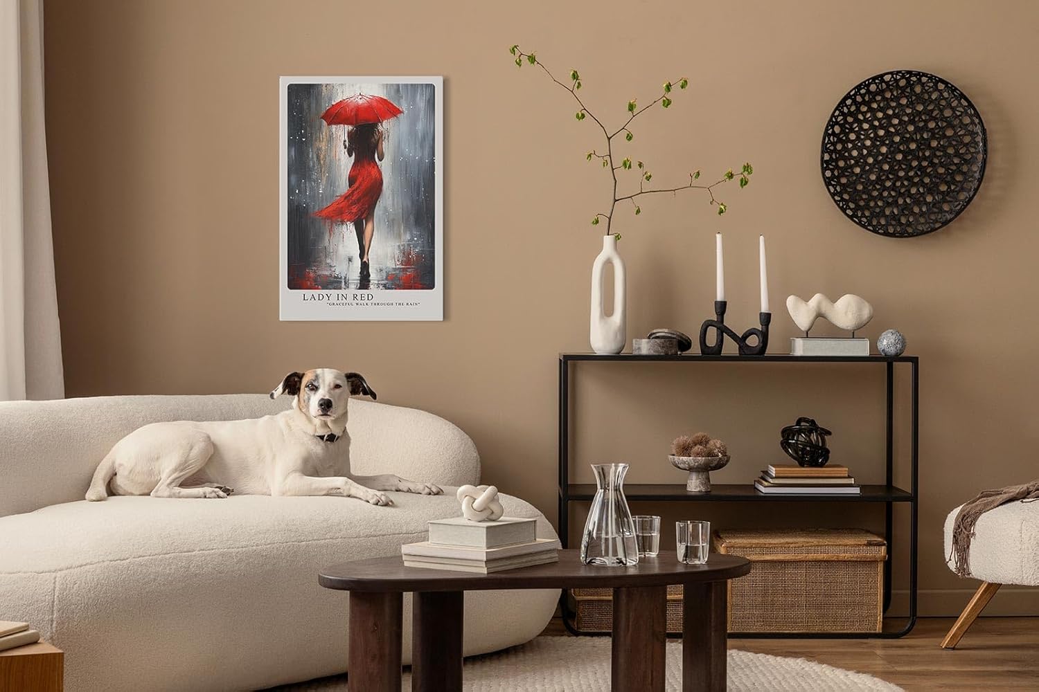 Paul Sinus Leinwandbild 60x90cm elegante Frau in Rot mit Schirm im Regen – kunstvolles Leinwandbild mit dynamischer Bewegung und intensiven Farben