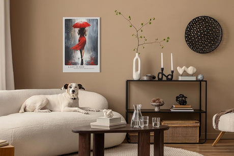 Paul Sinus Leinwandbild 60x90cm elegante Frau in Rot mit Schirm im Regen – kunstvolles Leinwandbild mit dynamischer Bewegung und intensiven Farben