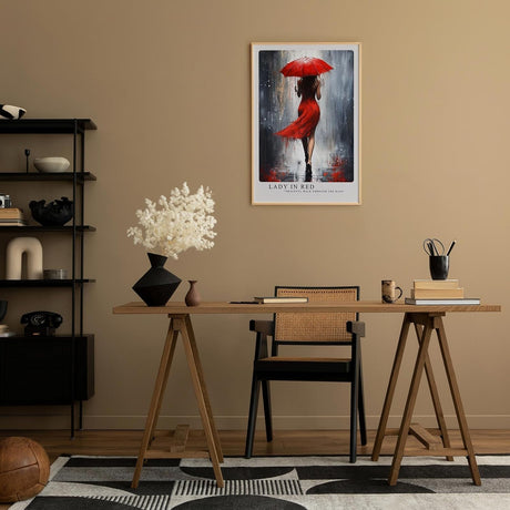 Paul Sinus Leinwandbild 60x90cm elegante Frau in Rot mit Schirm im Regen – kunstvolles Leinwandbild mit dynamischer Bewegung und intensiven Farben