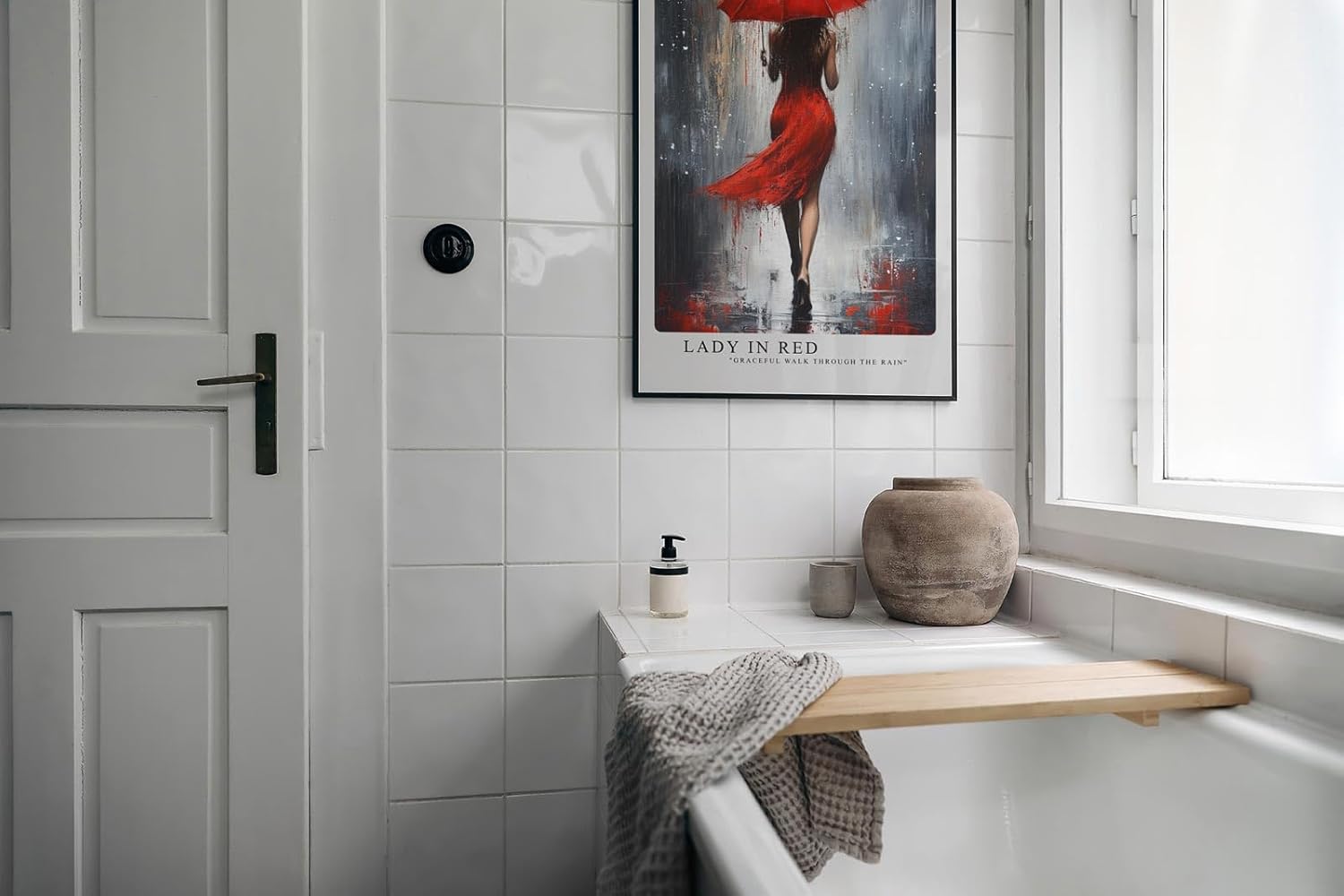 Paul Sinus Leinwandbild 60x90cm elegante Frau in Rot mit Schirm im Regen – kunstvolles Leinwandbild mit dynamischer Bewegung und intensiven Farben