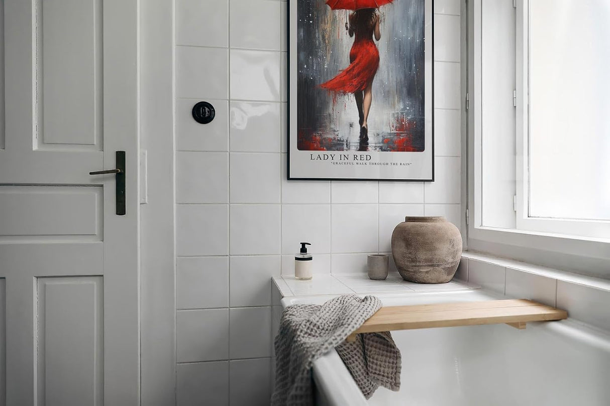 Paul Sinus Leinwandbild 60x90cm elegante Frau in Rot mit Schirm im Regen – kunstvolles Leinwandbild mit dynamischer Bewegung und intensiven Farben