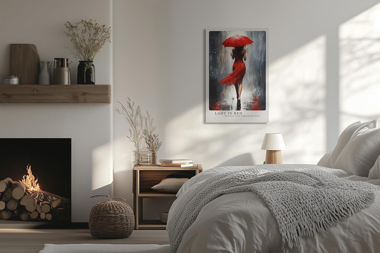 Paul Sinus Leinwandbild 60x90cm elegante Frau in Rot mit Schirm im Regen – kunstvolles Leinwandbild mit dynamischer Bewegung und intensiven Farben