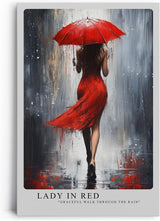 Paul Sinus Leinwandbild 60x90cm elegante Frau in Rot mit Schirm im Regen – kunstvolles Leinwandbild mit dynamischer Bewegung und intensiven Farben