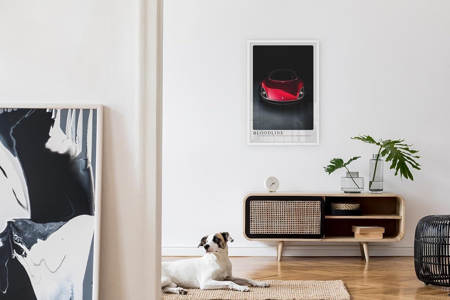 Paul Sinus Leinwandbild 40x60cm exklusiver roter Supersportwagen mit futuristischem Design und kraftvoller Eleganz vor dunklem Hintergrund