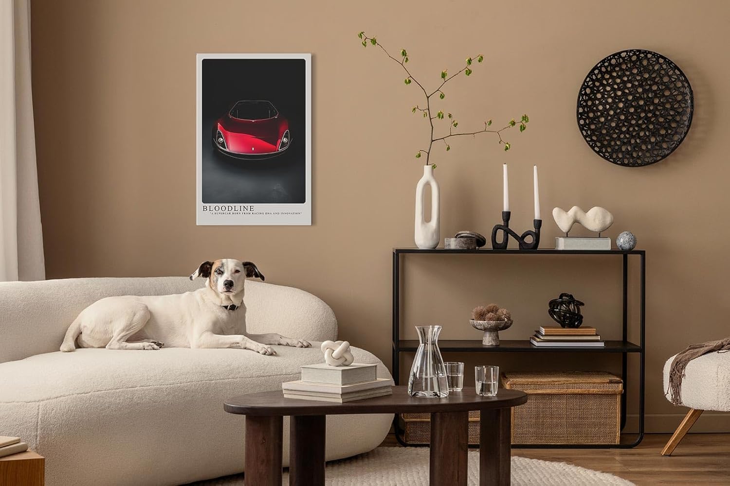 Paul Sinus Leinwandbild 40x60cm exklusiver roter Supersportwagen mit futuristischem Design und kraftvoller Eleganz vor dunklem Hintergrund