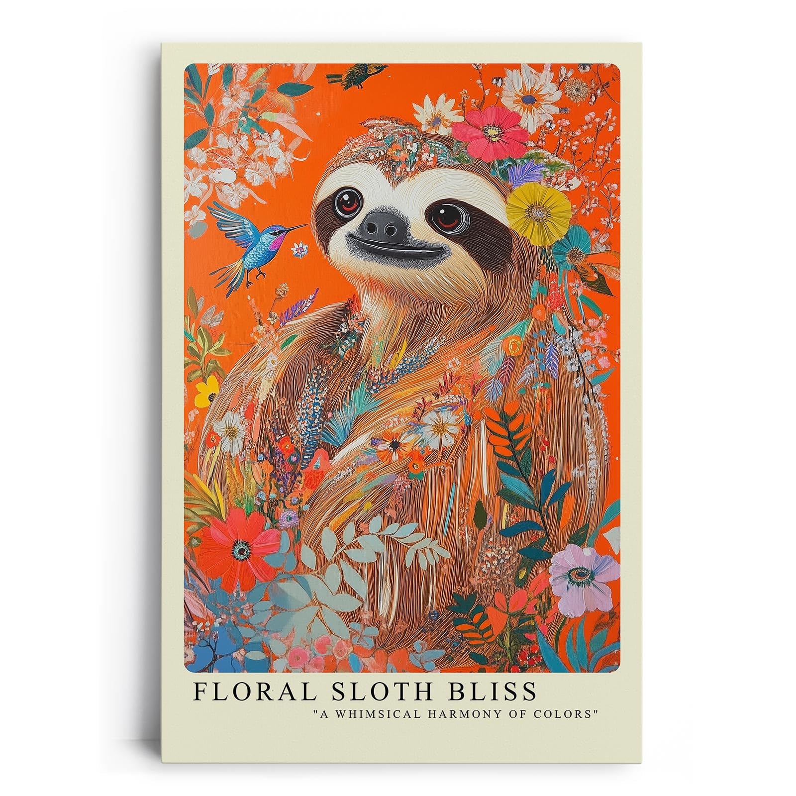 Paul Sinus Leinwandbild 80x120cm farbenfrohes Faultier-Porträt in floraler Harmonie mit lebendigen Blüten und tropischer Natur – kunstvolles Leinwandbild