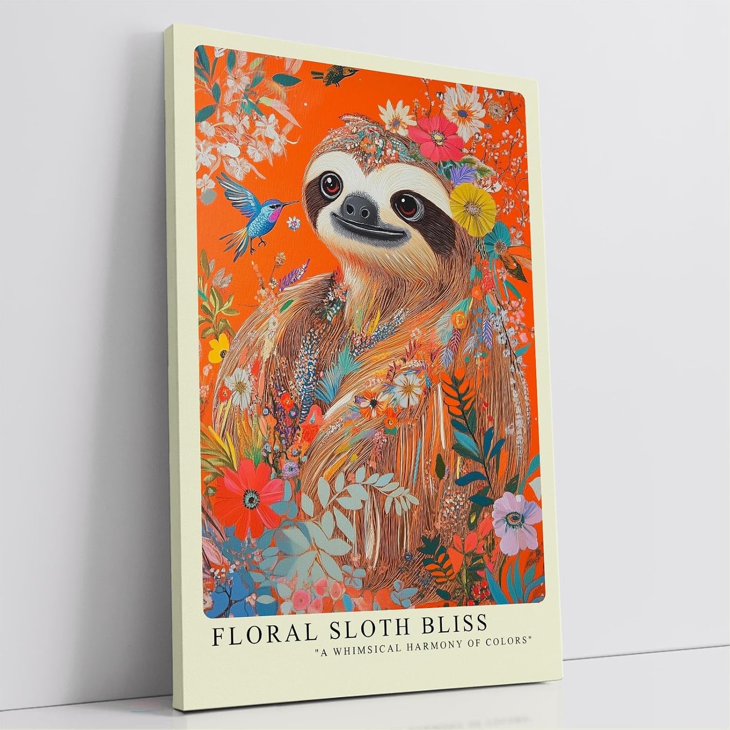 Paul Sinus Leinwandbild 80x120cm farbenfrohes Faultier-Porträt in floraler Harmonie mit lebendigen Blüten und tropischer Natur – kunstvolles Leinwandbild