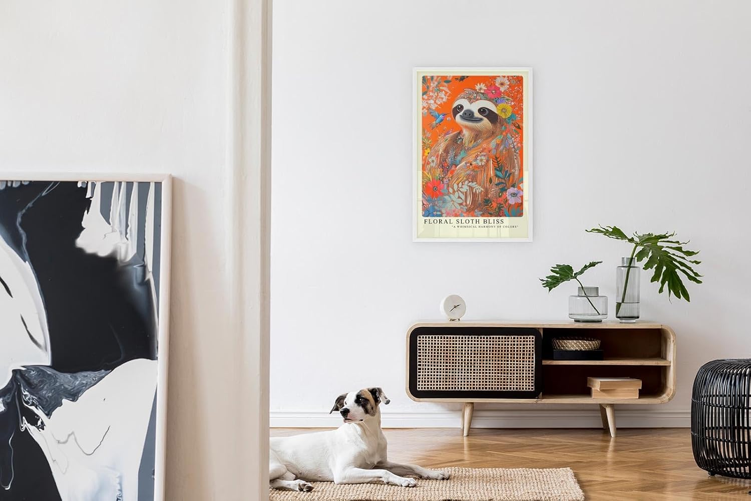 Paul Sinus Leinwandbild 80x120cm farbenfrohes Faultier-Porträt in floraler Harmonie mit lebendigen Blüten und tropischer Natur – kunstvolles Leinwandbild