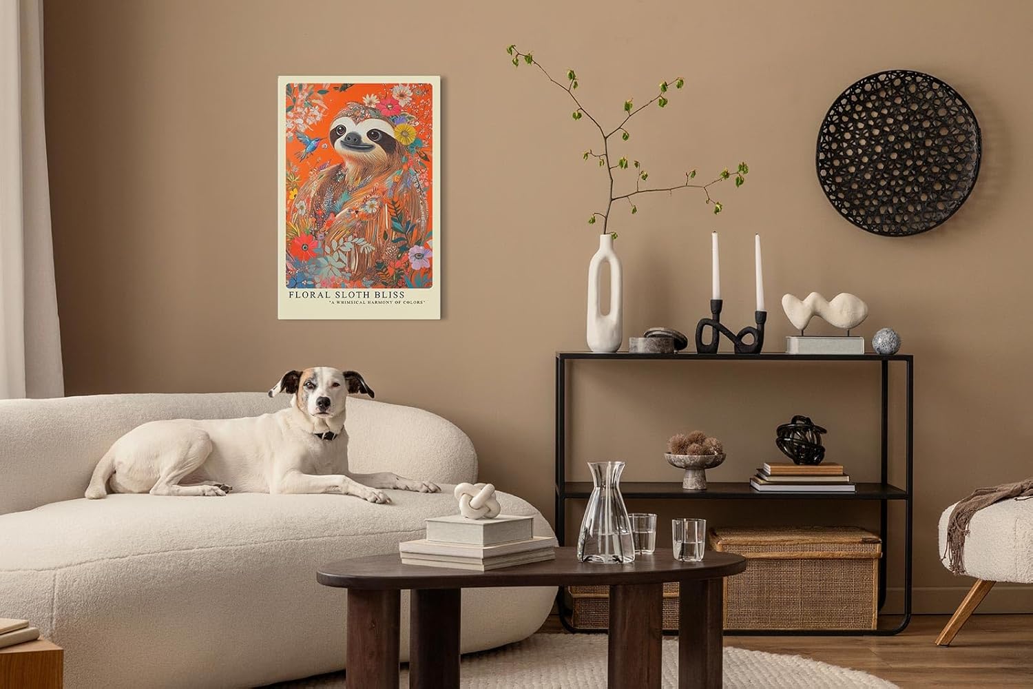 Paul Sinus Leinwandbild 80x120cm farbenfrohes Faultier-Porträt in floraler Harmonie mit lebendigen Blüten und tropischer Natur – kunstvolles Leinwandbild