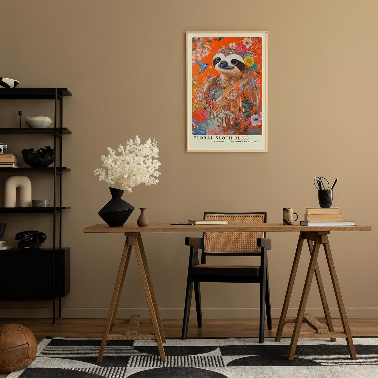 Paul Sinus Leinwandbild 80x120cm farbenfrohes Faultier-Porträt in floraler Harmonie mit lebendigen Blüten und tropischer Natur – kunstvolles Leinwandbild