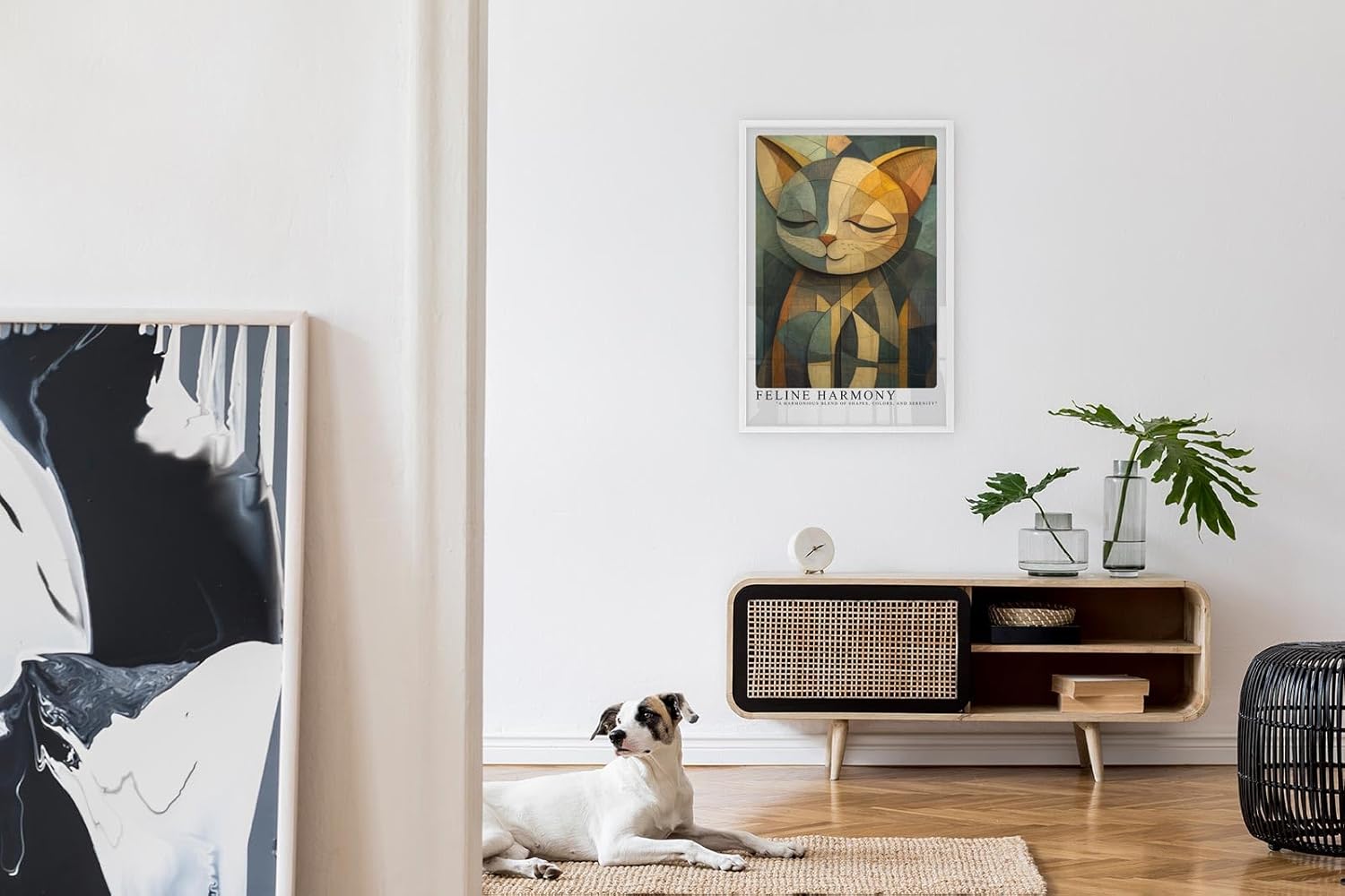 Paul Sinus Leinwandbild 80x120cm Feline Harmony – Stilisiertes Katzenporträt in geometrischer Kunst mit harmonischer Farbkomposition