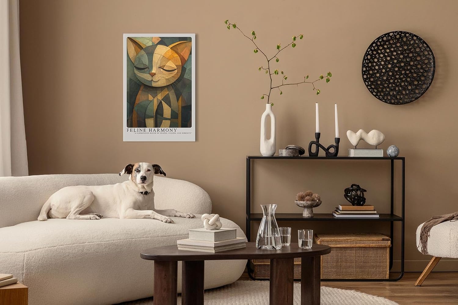 Paul Sinus Leinwandbild 80x120cm Feline Harmony – Stilisiertes Katzenporträt in geometrischer Kunst mit harmonischer Farbkomposition