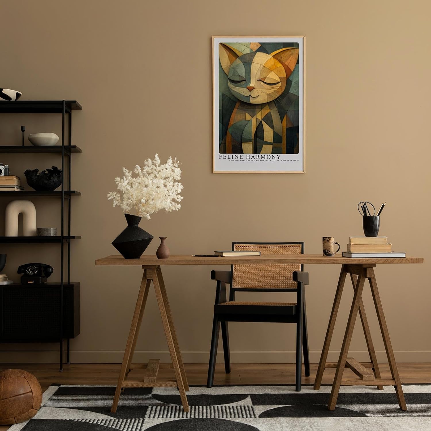 Paul Sinus Leinwandbild 80x120cm Feline Harmony – Stilisiertes Katzenporträt in geometrischer Kunst mit harmonischer Farbkomposition