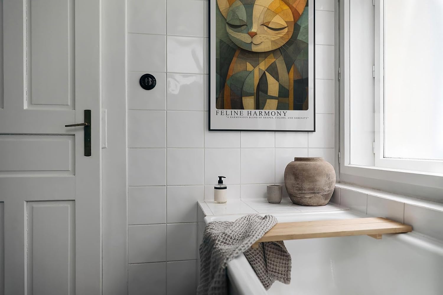 Paul Sinus Leinwandbild 80x120cm Feline Harmony – Stilisiertes Katzenporträt in geometrischer Kunst mit harmonischer Farbkomposition