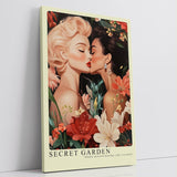 Paul Sinus Leinwandbild 80x120cm Geheimer Garten – Ausdrucksstarke Illustration zweier Frauen in inniger Verbindung, umgeben von floraler Pracht