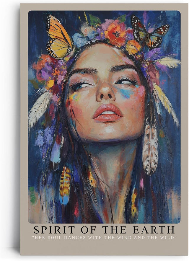 Paul Sinus Leinwandbild 40x60cm Geist der Erde – Ausdrucksstarkes Porträt mit Blumen, Schmetterlingen und federleichtem Boho-Stil