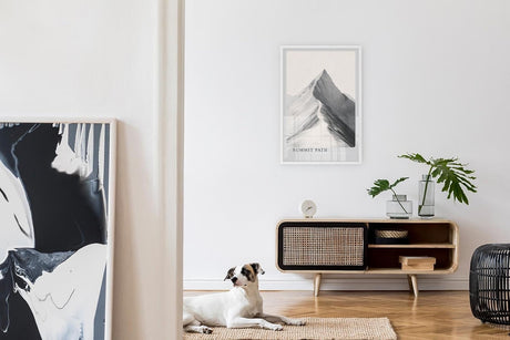 Paul Sinus Leinwandbild 60x90cm Gipfelpfad – Minimalistisches Bergmotiv mit einsamem Weg zur Spitze in monochromer Ästhetik