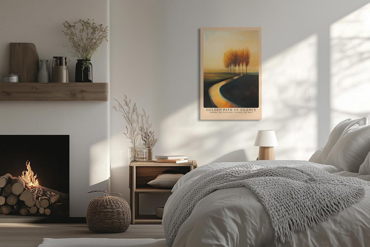 Paul Sinus Leinwandbild 60x90cm Golden Path of Silence – Mystischer Sonnenweg mit goldenen Herbstbäumen in sanftem Licht