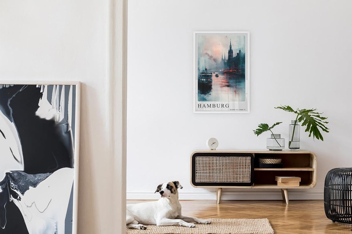 Paul Sinus Leinwandbild 80x120cm Hamburg Misty Evenings – Atmosphärische Hafenszene mit nebligem Elbufer, beleuchteten Gebäuden, Schiffe