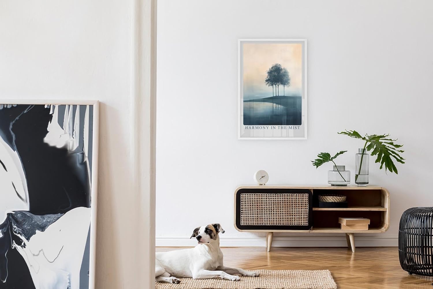 Paul Sinus Leinwandbild 40x60cm Harmonie im Nebel – Sanfte Landschaft mit Bäumen, ruhigem Wasser und nebelverhüllter Atmosphäre