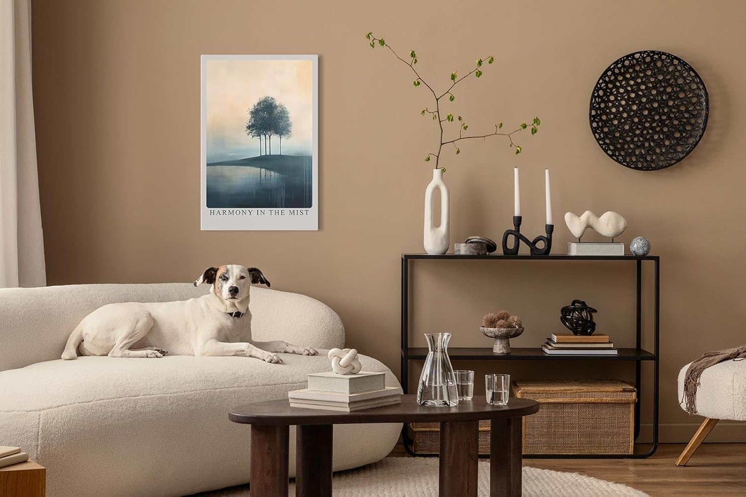Paul Sinus Leinwandbild 40x60cm Harmonie im Nebel – Sanfte Landschaft mit Bäumen, ruhigem Wasser und nebelverhüllter Atmosphäre