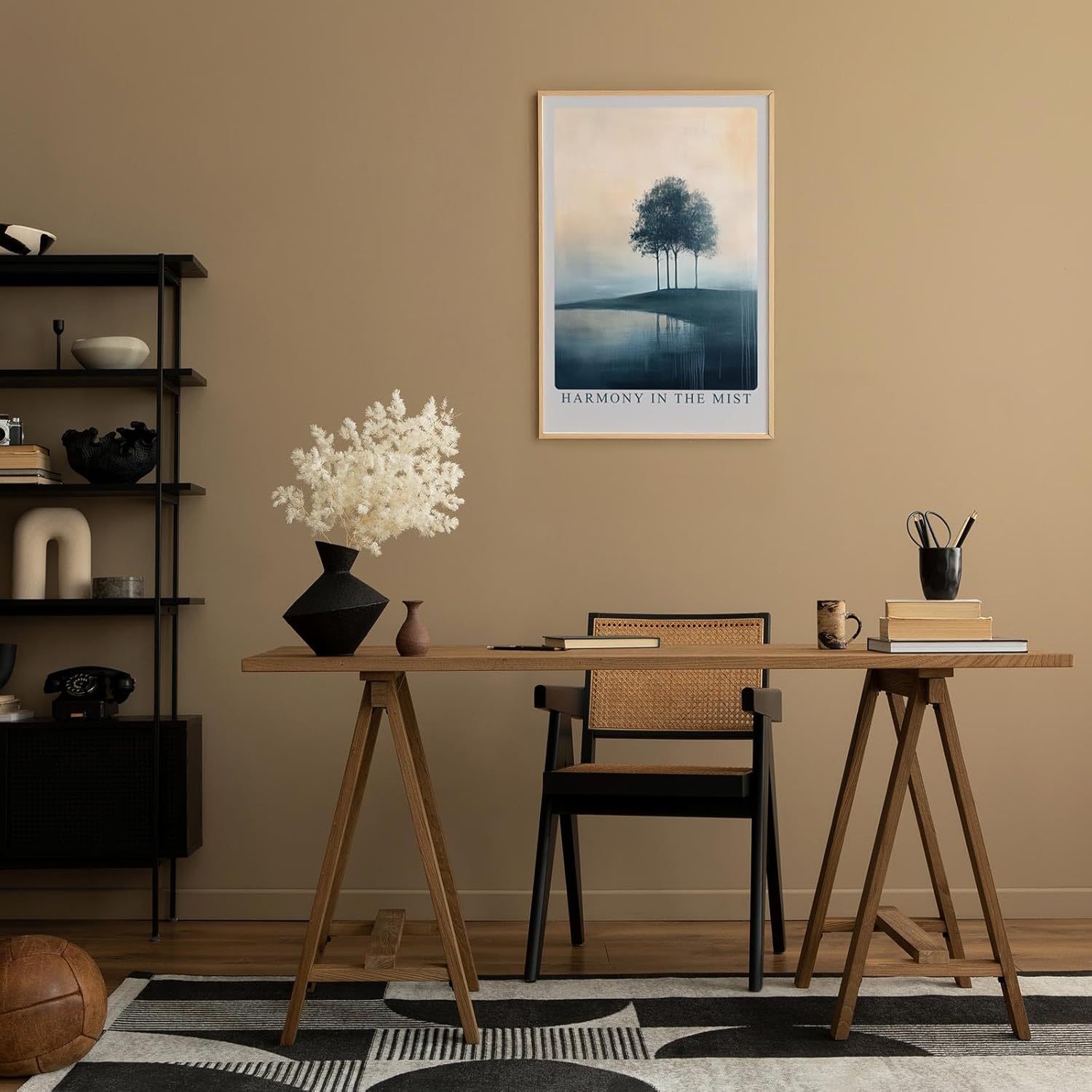 Paul Sinus Leinwandbild 40x60cm Harmonie im Nebel – Sanfte Landschaft mit Bäumen, ruhigem Wasser und nebelverhüllter Atmosphäre