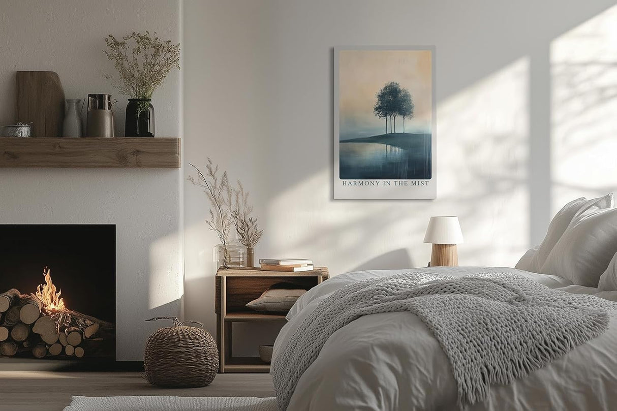 Paul Sinus Leinwandbild 40x60cm Harmonie im Nebel – Sanfte Landschaft mit Bäumen, ruhigem Wasser und nebelverhüllter Atmosphäre