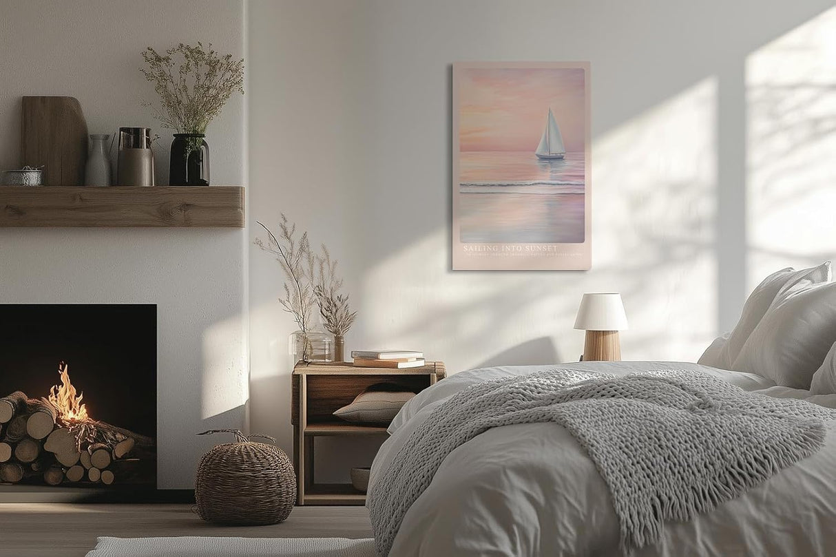 Paul Sinus Leinwandbild 60x90cm idyllische Segelboot-Szene mit sanften Pastellfarben, beruhigende Wandkunst mit romantischem Sonnenuntergang