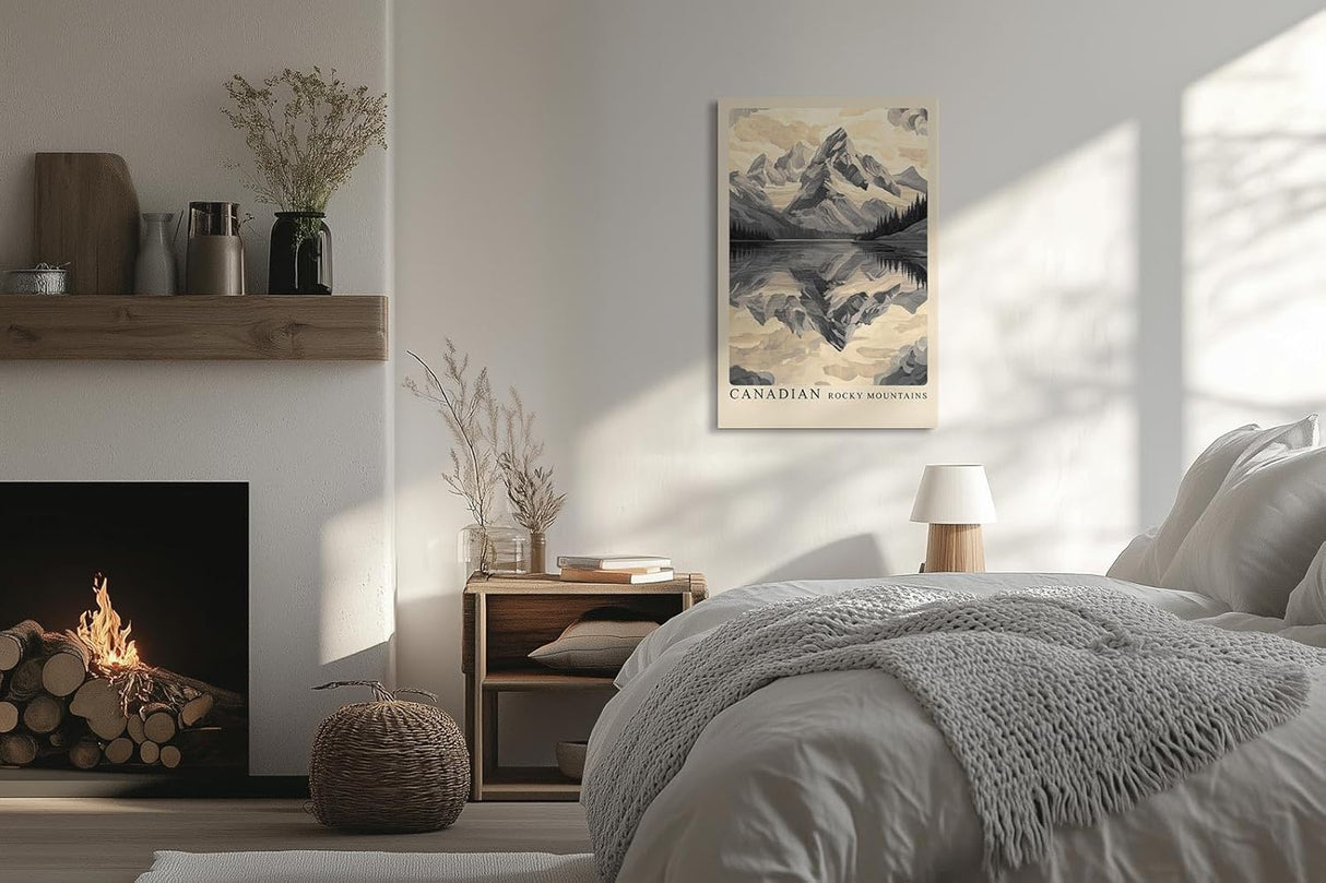 Paul Sinus Leinwandbild 80x120cm Kanadische Bergwelt – Majestätische Rocky Mountains mit spiegelndem Bergsee in stilisierter monochromer Optik