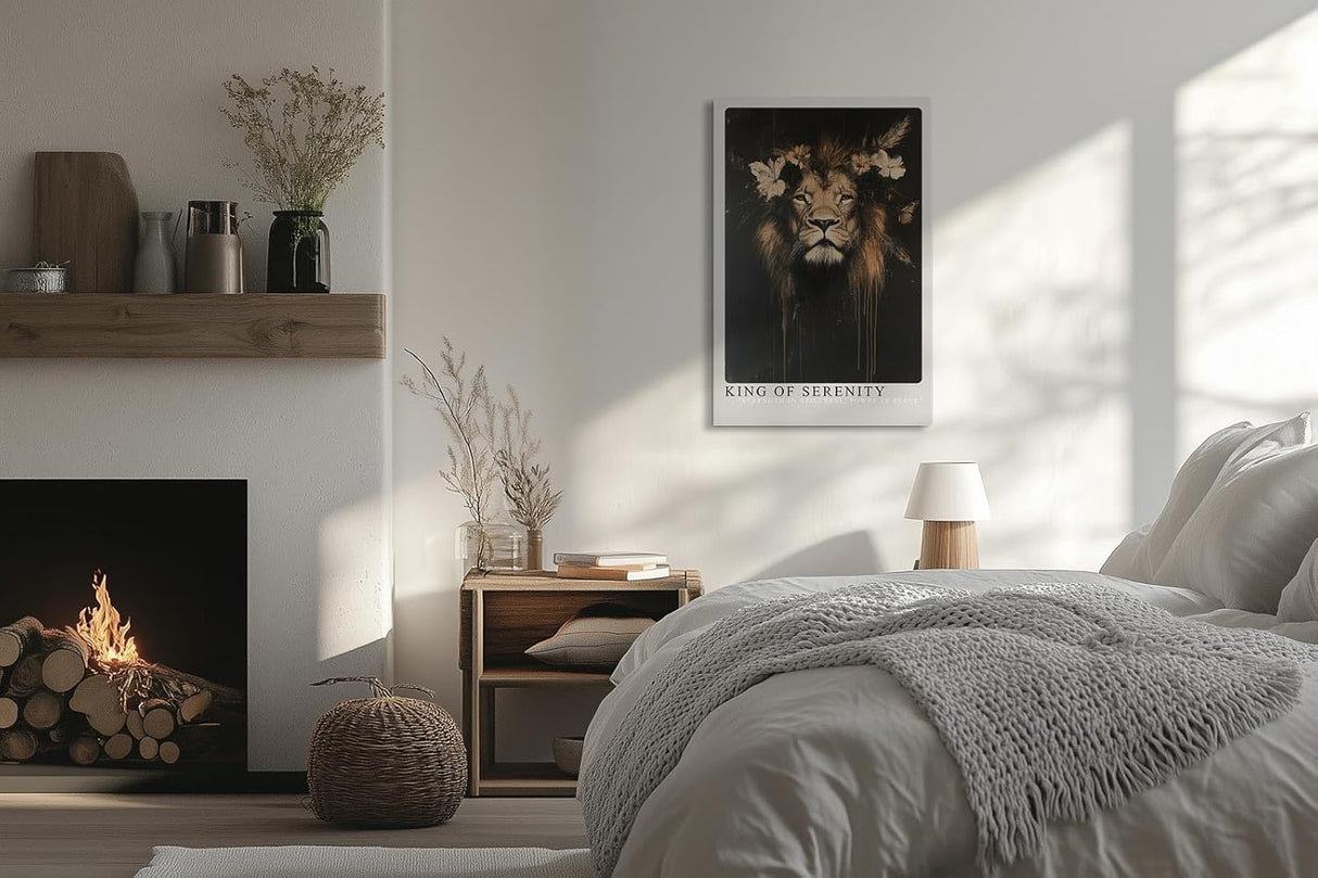 Paul Sinus Leinwandbild 40x60cm König der Stille – Majestätischer Löwe mit floralen Akzenten, goldenen Details und kraftvoller Eleganz