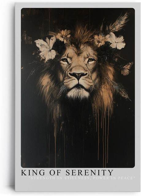 Paul Sinus Leinwandbild 40x60cm König der Stille – Majestätischer Löwe mit floralen Akzenten, goldenen Details und kraftvoller Eleganz