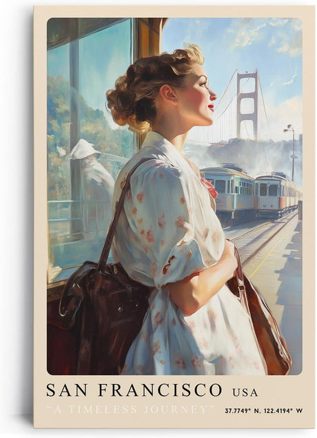 Paul Sinus Leinwandbild 80x120cm A Timeless Journey – San Francisco, Golden Gate Bridge, Nostalgie, Vintage-Stil, Reise, Architektur, Romantik, Fernweh
