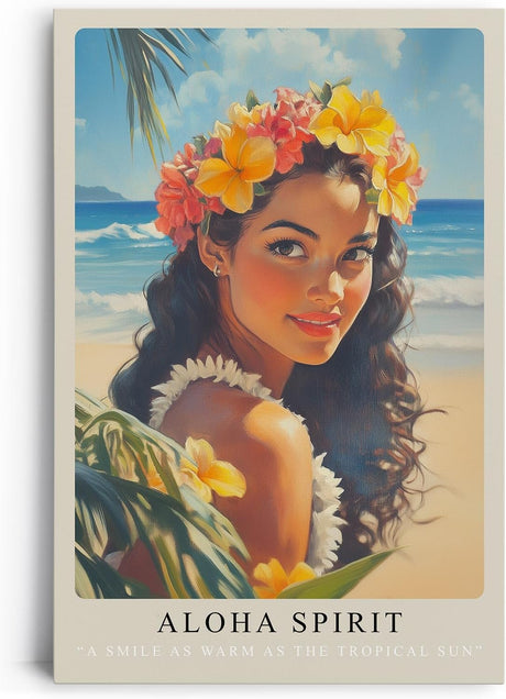 Paul Sinus Leinwandbild 80x120cm Aloha Spirit – Frau, Hawaii, Tropen, Blumenkranz, Strand, Ozean, Sonne, Natur, Exotik, Schönheit, Wärme, Leichtigkeit